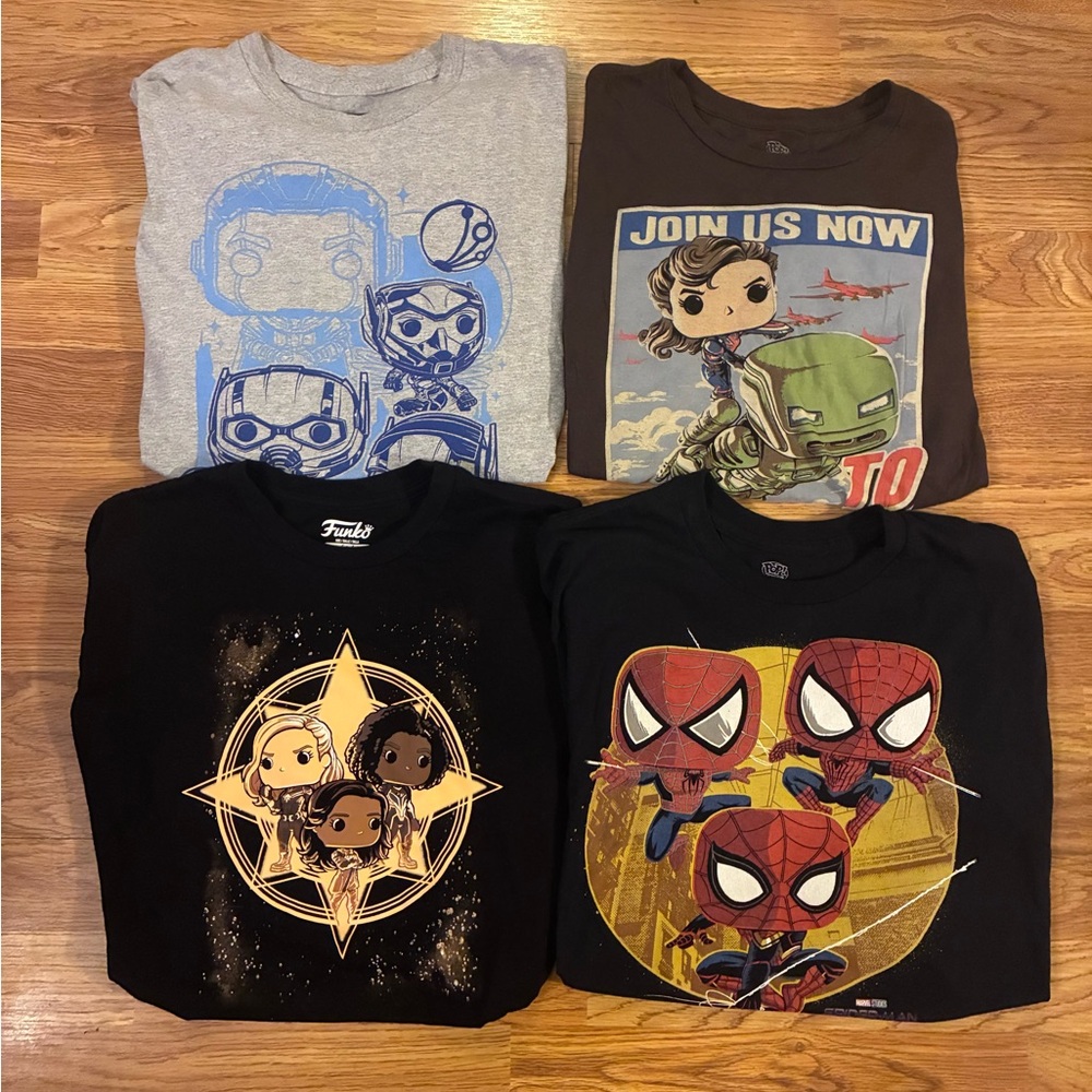 4 Marvel Funko Pop Shirts Size Large Bundle Spider-Man, Ant-Man, Captain Carter.
